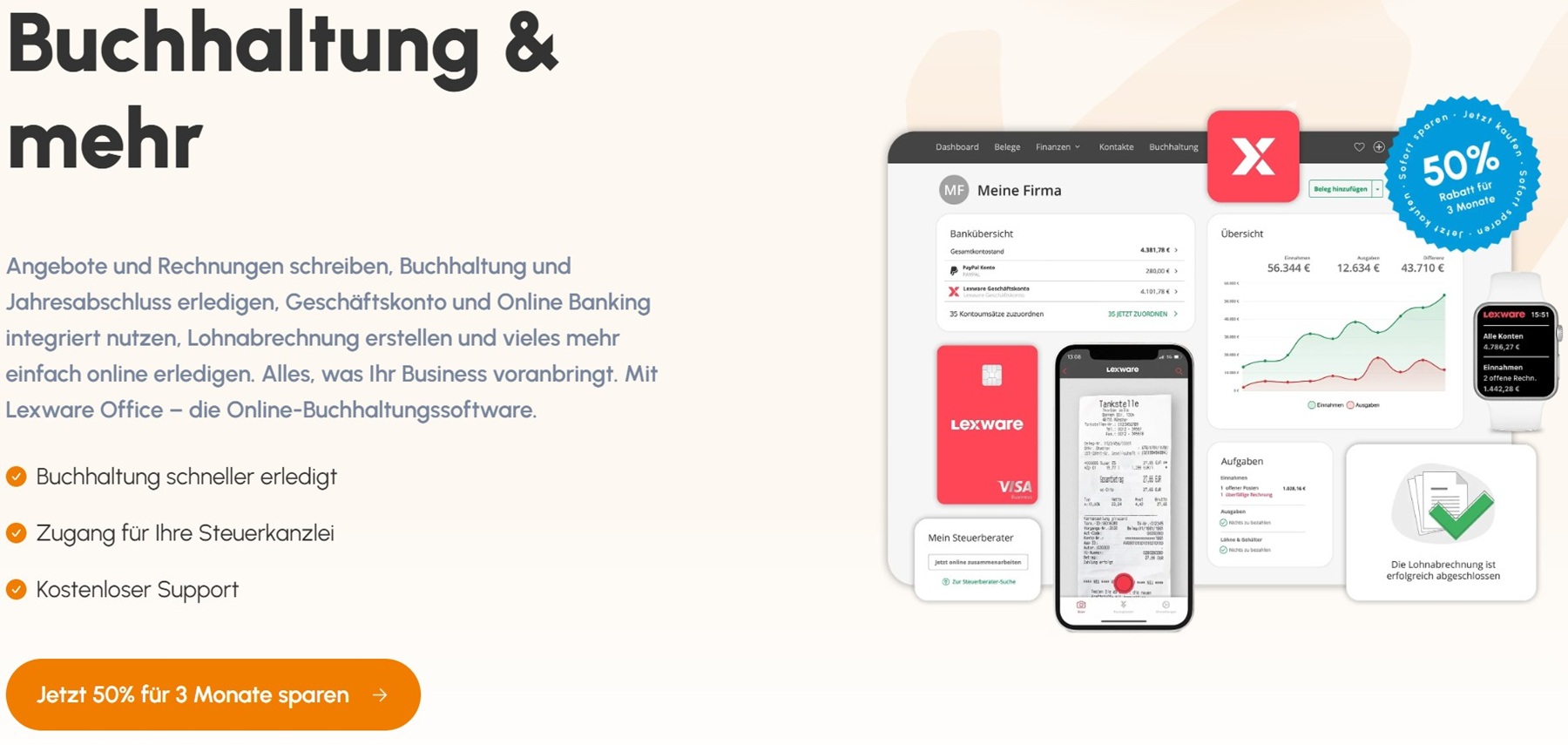 Lexware Office - Angebote und Rechnungen schreiben, Buchhaltung und Jahresabschluss erledigen, Geschäftskonto und Online Banking integriert nutzen, Lohnabrechnung erstellen und vieles mehr einfach online erledigen